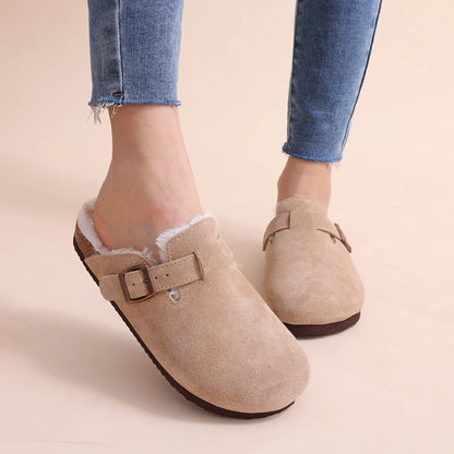 Comwarm Fur Lined Clogs For Women Men Winter Fuzzy Cork Slippers Fur Cork Mules Short Plush House Cork Shoes Winter zuecos mujer