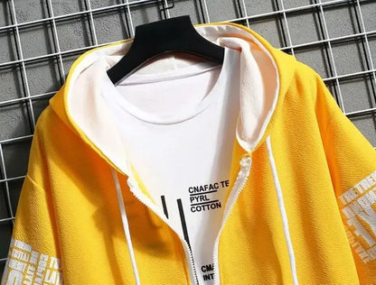 Fashion Men's Hoodies Summer Men Clothing T-shirt Zipper Hood Cartoon Casual T Shirt Print Hooded Top Short Sleeve Men