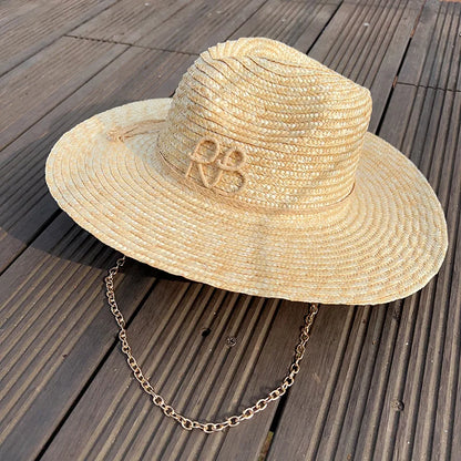 2025 New European American Fashion Design Natural Straw Hat Female Handmade Letter Sun Hat Metal Chain Sunshade Designer Hat