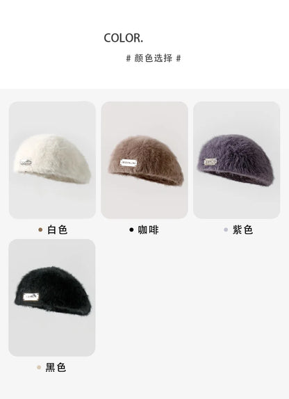 Women Reversible Rabbit Fur Beret Winter Warm Double Sided Knit Hat Retro Painter Cap for Oval Round Face
