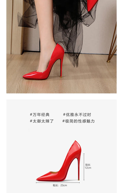 Red pointed high-heeled shoes for women 2025, new slim heel patent leather French sexy plus size black professional single shoes