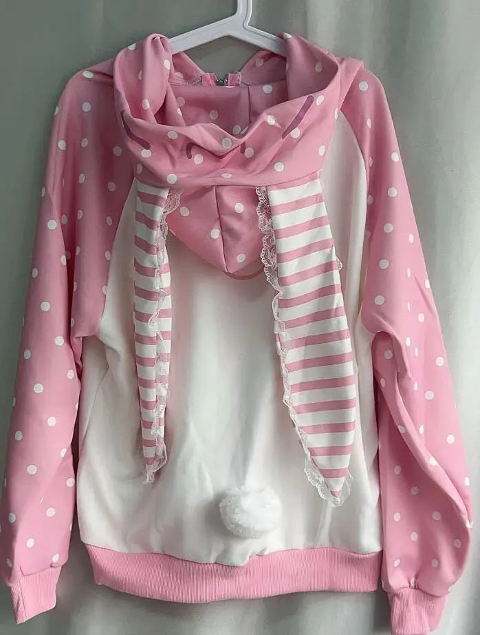 Japanese Kawaii Rabbit's Ears Hoodies Loose Polka Dot Patchwork Women Grunge Hoody Y2k Aesthetic Fairy Strawberry Sweatshirt