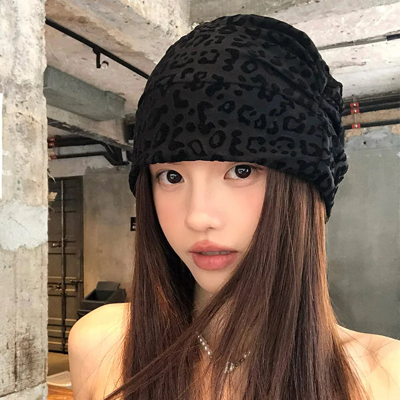 American Leopard Print Pullover Short Brim Stacking Hat Women's Spring and Summer Personality Big Head Thin Skull Beanie Cap