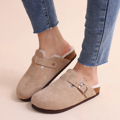 Comwarm Fur Lined Clogs For Women Men Winter Fuzzy Cork Slippers Fur Cork Mules Short Plush House Cork Shoes Winter zuecos mujer