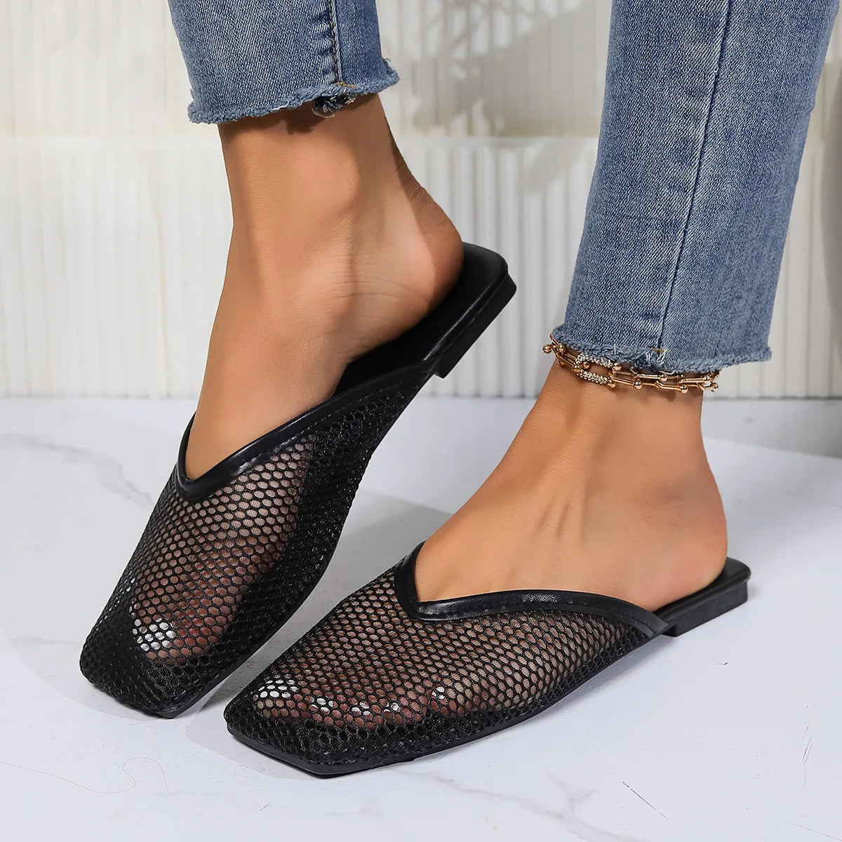 Summer Women Slippers Sexy Mesh Mules Indoor Home Slides Square Toe Female Flats Shoes Outdoor Clogs Beach Sandals Flip Flops