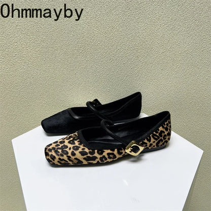 Designer Spring Autumn Women Leopard Shoes Fashion Shallow Buckle Ladies Flats Shoes Square Toe Women's Mary Jane Shoes