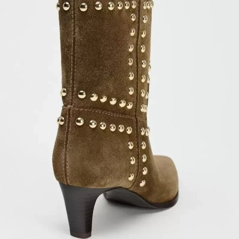 Spring/Autumn 2025 New Retro Women's Shoes Brown Studded Suede Thin Heel Pointed Toe Booties Knight Boots