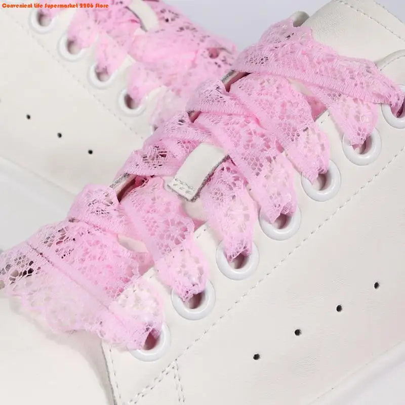 E06E 1 Pair Lace Shoelaces for Women and Girls 3CM Wide Flat Design Shoestrings Laces for Sneakers and Casual Wear Shoes