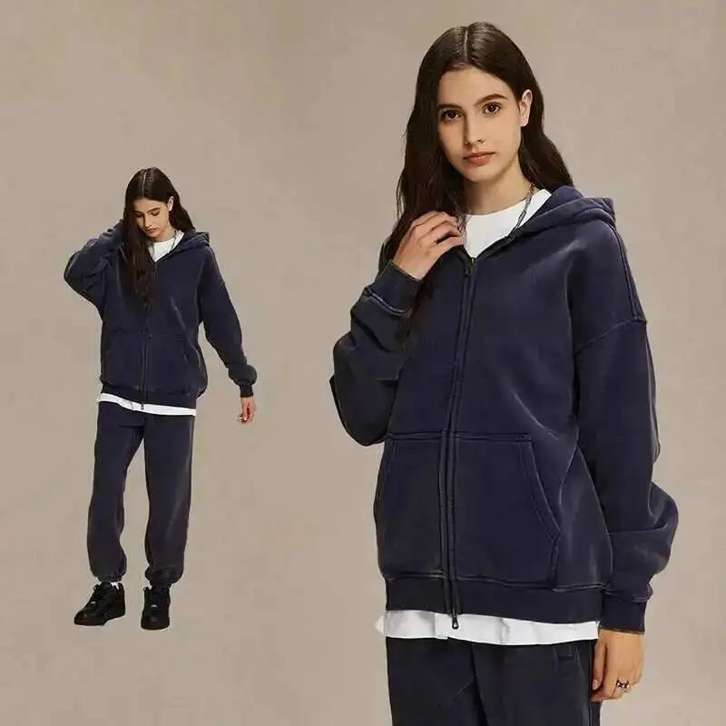 IEFB Men's Wear Wax Printing Vintage Male Hoodies Oversized Loose Zipper Water Washed Plush Sweatshirt Trendy New 9C9349