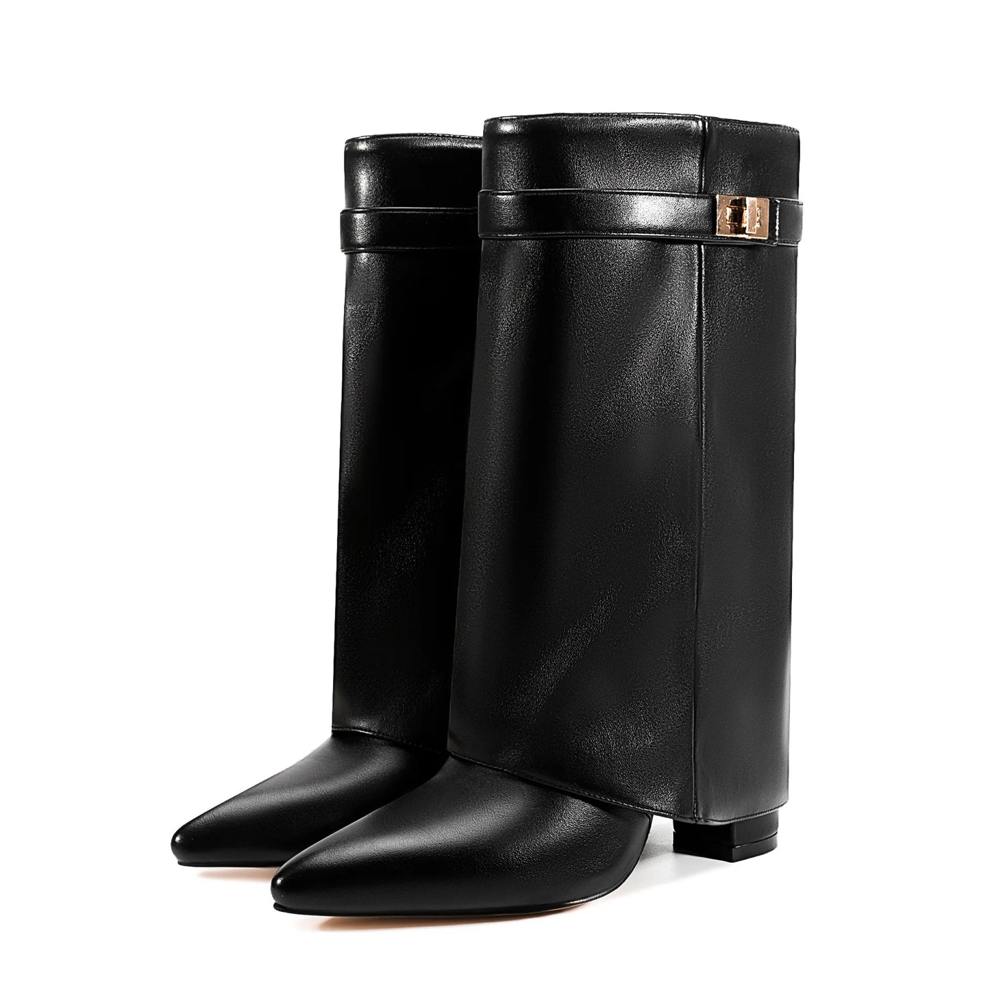 Autumn Winter New Pointed Metal Buckle Knee High Women's Boots, Thick High-heeled Pants Boots, Fashionable Mid Leg Boots