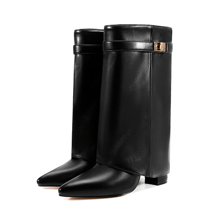 Autumn Winter New Pointed Metal Buckle Knee High Women's Boots, Thick High-heeled Pants Boots, Fashionable Mid Leg Boots
