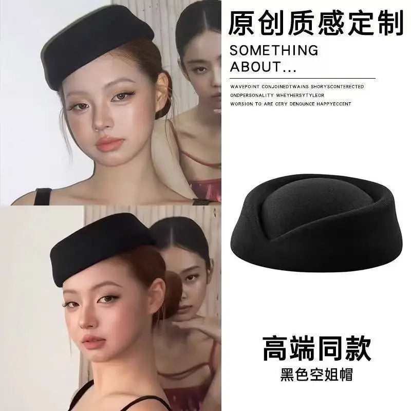 Hepburn Style Black Flat Top Berets Hat Women's French High-end Aviation Stewardess Hat Retro Republic of China Beret