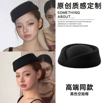 Hepburn Style Black Flat Top Berets Hat Women's French High-end Aviation Stewardess Hat Retro Republic of China Beret
