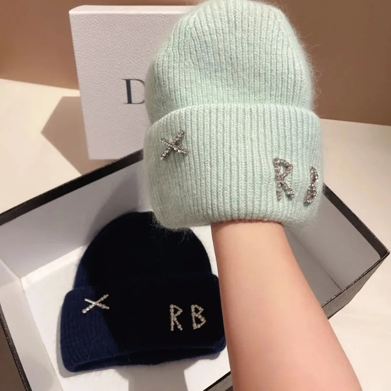 New Real fashion rabbit hair diamond letter hat Women's Winter warm knit hat Designer women's casual hat ski hat