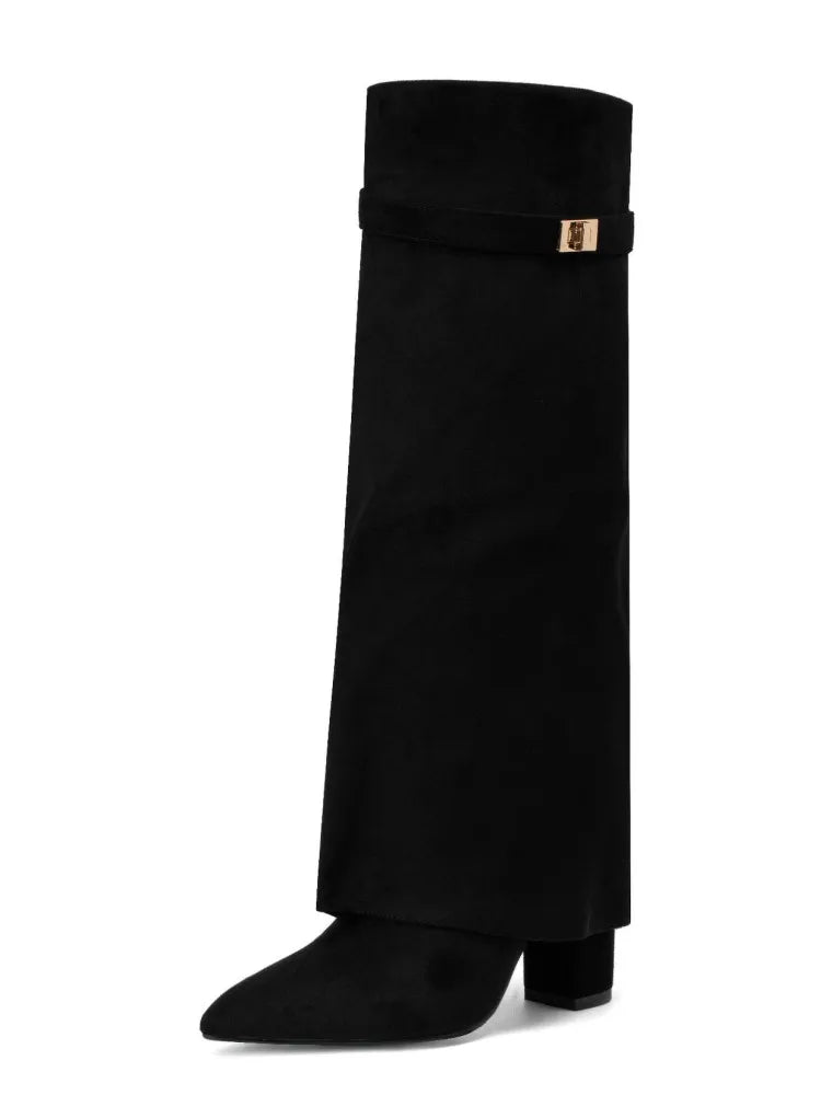 Autumn Winter New Pointed Metal Buckle Knee High Women's Boots, Thick High-heeled Pants Boots, Fashionable Mid Leg Boots