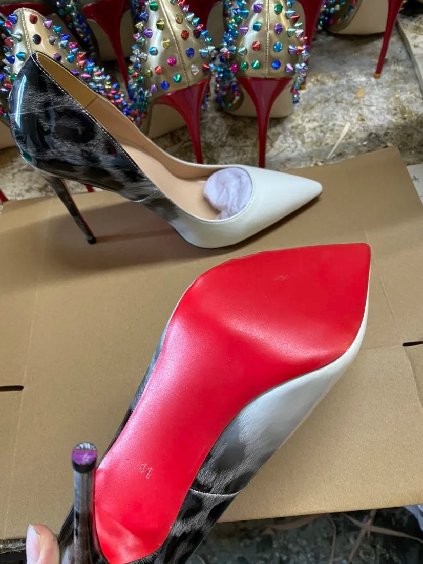 Red Background Leopard Print High-heeled Sandals with A Straight Buckle Thin Heel Pointed Toe Fashionable and Sexy Big Size 12CM