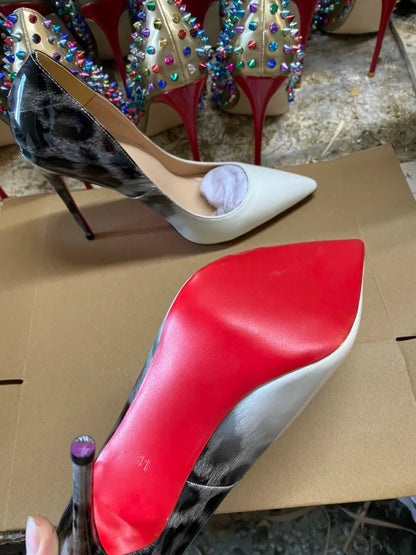 Red Background Leopard Print High-heeled Sandals with A Straight Buckle Thin Heel Pointed Toe Fashionable and Sexy Big Size 12CM
