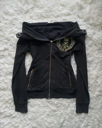 Y2K Retro Zipper Hoodies Women Harajuku Sexy Slim Fit Sweatshirt Autumn Skull Graphic Embroidery Hooded Jacket Gothic Clothing