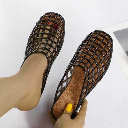 2025 Women's New Flat Slippers with Hollow PVC Breathable Summer Outerwear Baotou Bag and Casual Jelly Slippers