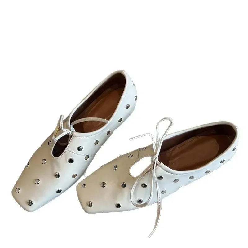 2025 New Women's Ballet Flat Shoes Mary Janes Lace-Up Flats French Style Square Head Low Heel Spring Autumn Season PU Leather