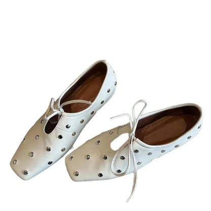 2025 New Women's Ballet Flat Shoes Mary Janes Lace-Up Flats French Style Square Head Low Heel Spring Autumn Season PU Leather