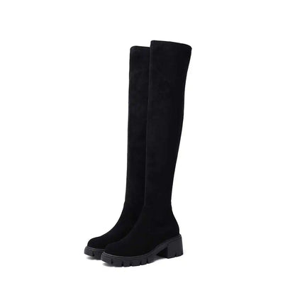Krazing Pot Big Size Cow Leather Stretch Over-the-knee Boots Platform Round Toe High Heels Winter Women Warm Thigh High Boots