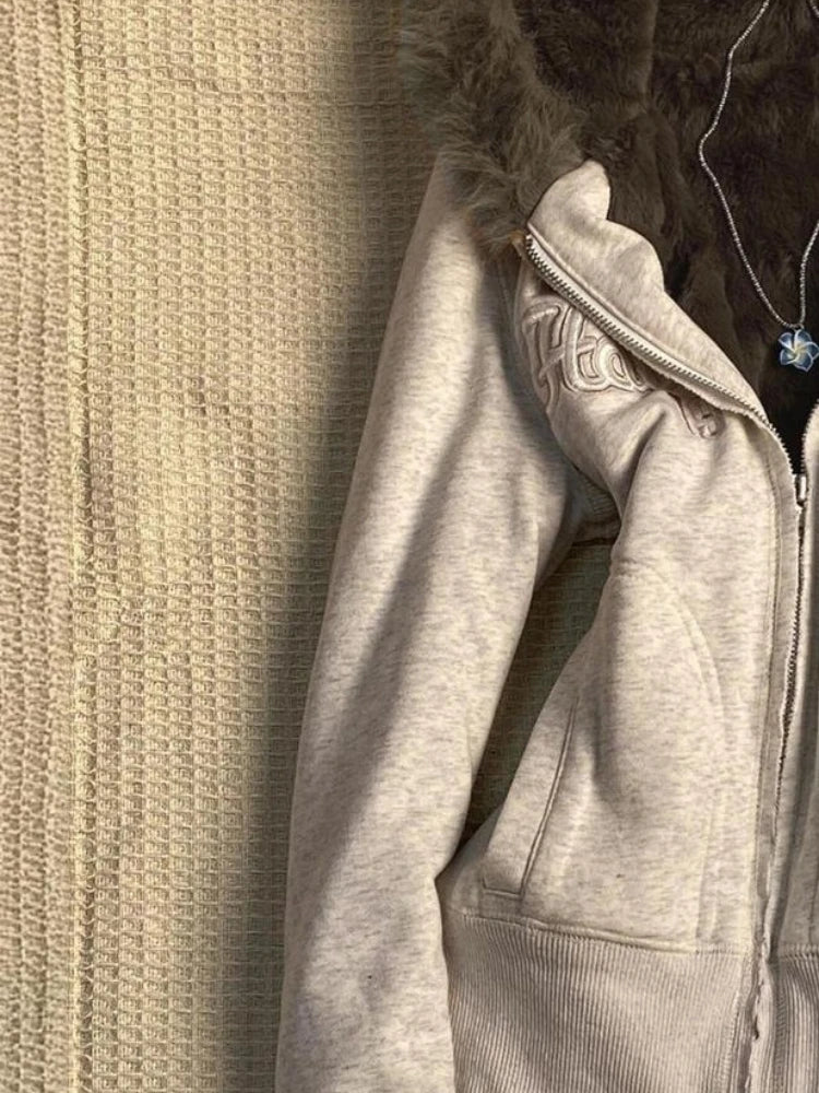 Y2k Aesthetic Vintage Fur Patchwork Hoodies Autumn Grunge Letter Embroidery Hoody Streetwear Cropped Zipper Sweatshirt Jackets