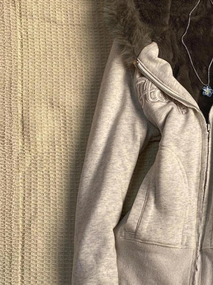 Y2k Aesthetic Vintage Fur Patchwork Hoodies Autumn Grunge Letter Embroidery Hoody Streetwear Cropped Zipper Sweatshirt Jackets