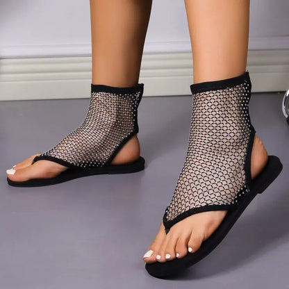 2024 Summer Women's New Round Toe Flat Bottom Sandals Hollow Short Boots Water Diamond Sexy Flat Bottom Fashion Banquet Slippers