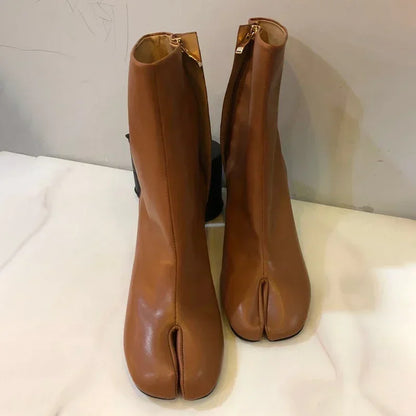 Luxury Brand Design Leather Tabi Boots Fashion Round Chunky High Heel Ankle Boots For Women Autumn Winter Split Toe Shoes