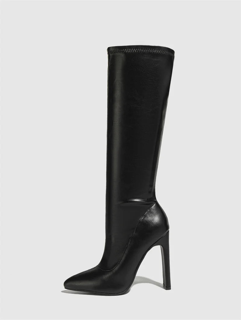 Hlieny Autumn Winter Women Knee-High Boots Fashion Pointed Toe High Heels Shoes Zipper Office Lady Long Botas De Mujer Size 42
