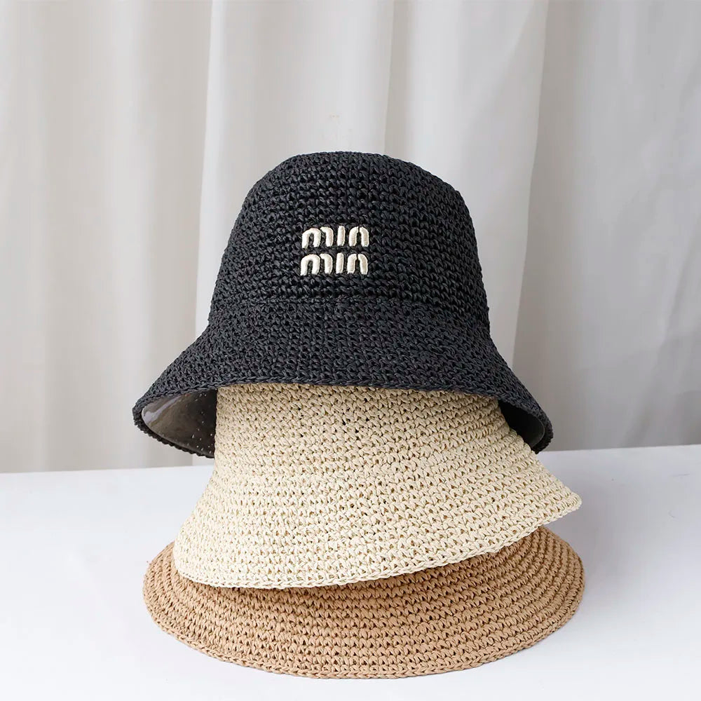NEW Handmade High quality letter embroidery Sun Hat Wide Brim Floppy Summer Hats For Women Beach Panama Straw Dome Bucket Hat