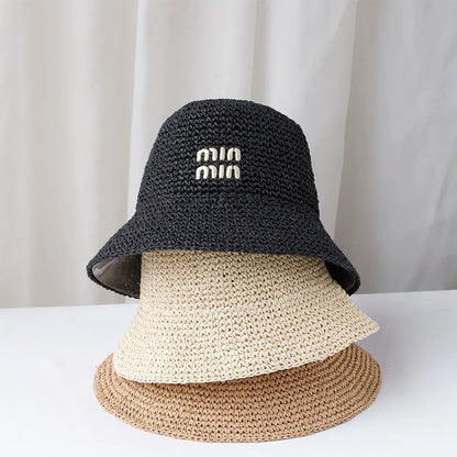 NEW Handmade High quality letter embroidery Sun Hat Wide Brim Floppy Summer Hats For Women Beach Panama Straw Dome Bucket Hat