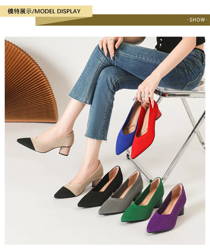 Women's high heels, pointed knit breathable and comfortable shoes (5cm high), new for autumn 2024