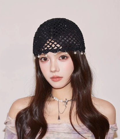 Fashion Hollowed Out Woven Pullover Hats Crochet Breathable Beret Cap Pearl Fringed Retro Beanies Cap for Women Summer Korean