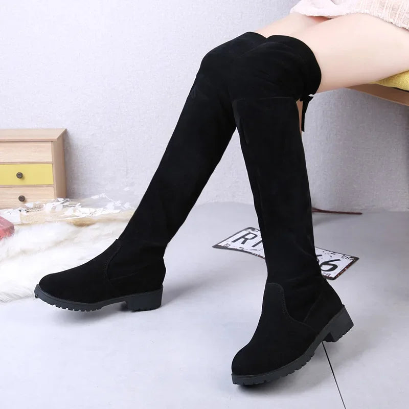 2025 Faux Suede Female Heels Autumn Winter Elastic Knee-high Boots for Women Tube Lace-up Thigh Boots Black Botas