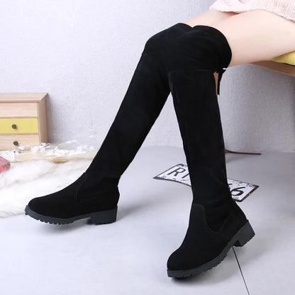 2025 Faux Suede Female Heels Autumn Winter Elastic Knee-high Boots for Women Tube Lace-up Thigh Boots Black Botas
