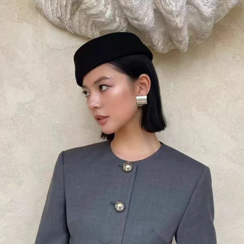 Women Wool Felt Berets Hat Vintage Hard Top Concave Top Fedoras Hats Wedding Fascinator Hats Wedding Cocktail Party Pillbox Cap