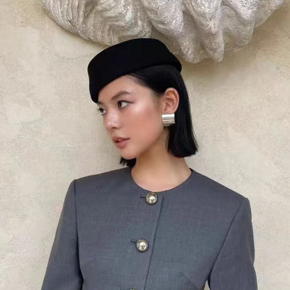 Women Wool Felt Berets Hat Vintage Hard Top Concave Top Fedoras Hats Wedding Fascinator Hats Wedding Cocktail Party Pillbox Cap