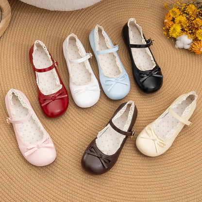 Spring Autumn Pink White Mary Janes Flat Shoes Woman Round Toe Buckle Strap Lolita Girls Student Ballet Flats Plus Size