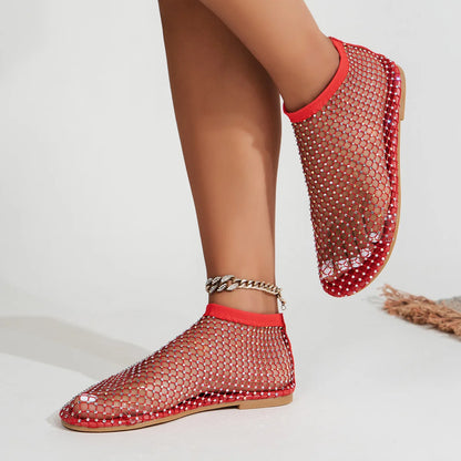 2024 Summer Women's New Round Toe Flat Bottom Sandals Hollow Short Boots Water Diamond Sexy Flat Bottom Fashion Banquet Slippers