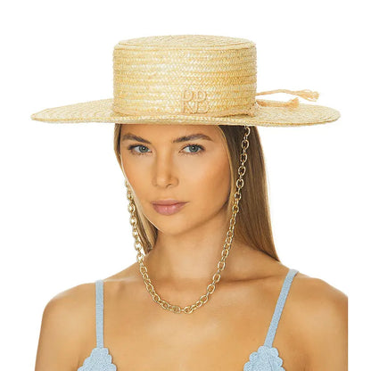 2025 New European American Fashion Design Natural Straw Hat Female Handmade Letter Sun Hat Metal Chain Sunshade Designer Hat