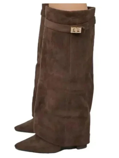 Autumn Winter New Pointed Metal Buckle Knee High Women's Boots, Thick High-heeled Pants Boots, Fashionable Mid Leg Boots