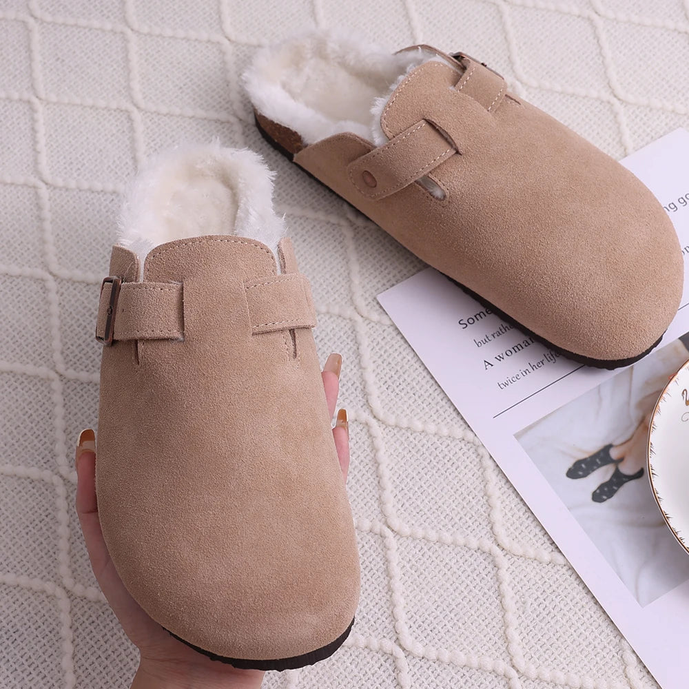 Comwarm Fur Lined Clogs For Women Men Winter Fuzzy Cork Slippers Fur Cork Mules Short Plush House Cork Shoes Winter zuecos mujer
