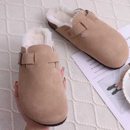 Comwarm Fur Lined Clogs For Women Men Winter Fuzzy Cork Slippers Fur Cork Mules Short Plush House Cork Shoes Winter zuecos mujer