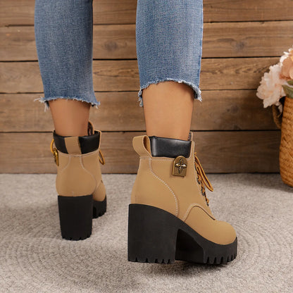 Women Retro Round Toe Chunky Heels Ankle Boots Autumn New High Heels Shoes Woman Lace Up Platform Fur Short Booties Big Size 42