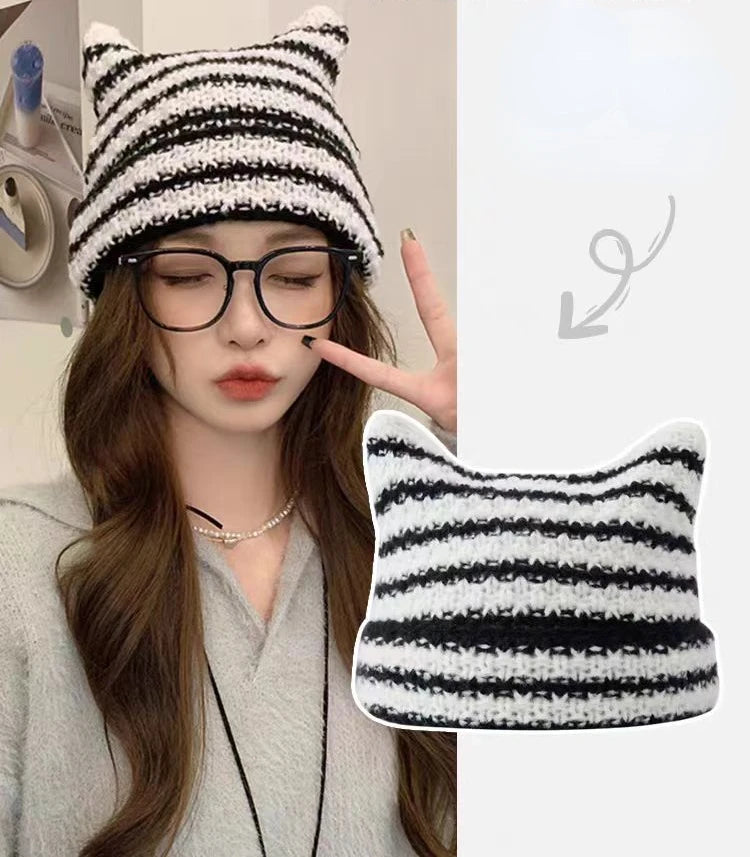 New Japanese Streetwear Harajuku Beanie Little Devil Striped Knitted Hat Women Girls Autumn Winter Cute Cat Ears Cap