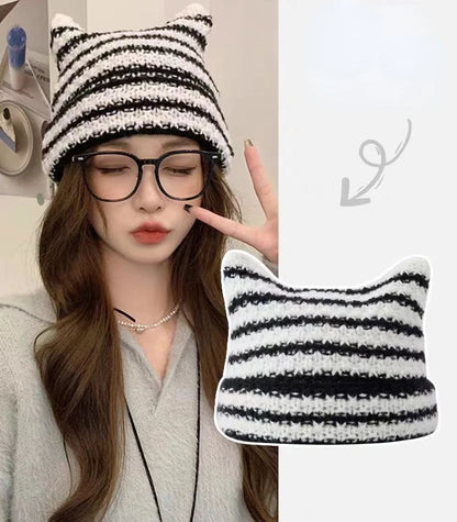 New Japanese Streetwear Harajuku Beanie Little Devil Striped Knitted Hat Women Girls Autumn Winter Cute Cat Ears Cap