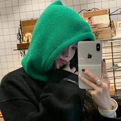 Knitted Hooded Caps Winter Balaclava Hats Women Outdoor Warmer Drawstring Hats One-piece Neck Collar Beanies Cap