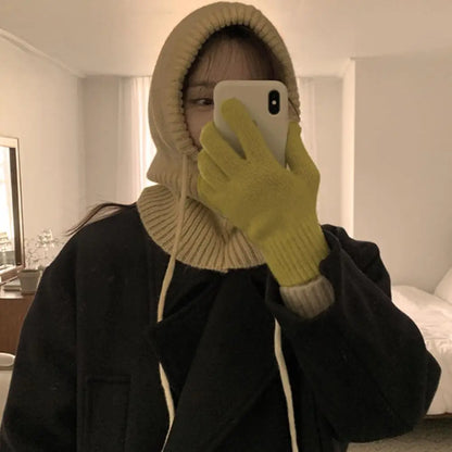 Knitted Soft Women Balaclava Hat Fashion Fake Collar Hooded Hat Neck Collar Warmer Beanies Cap Ear Protection Bonnet Hooded Caps